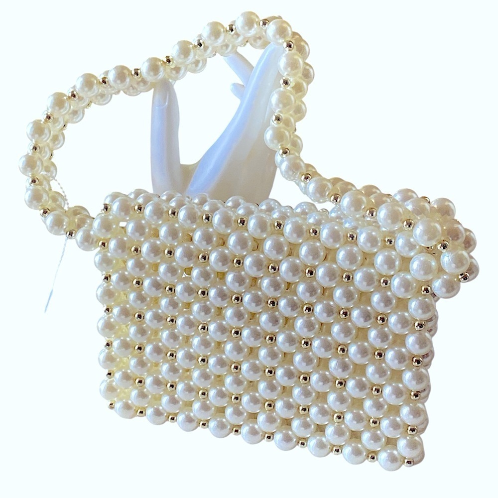 Elegant Ivory Pearl & Gold Beaded Handbag New 7” x 5” x 5” Pearl Handle - Picture 3 of 9